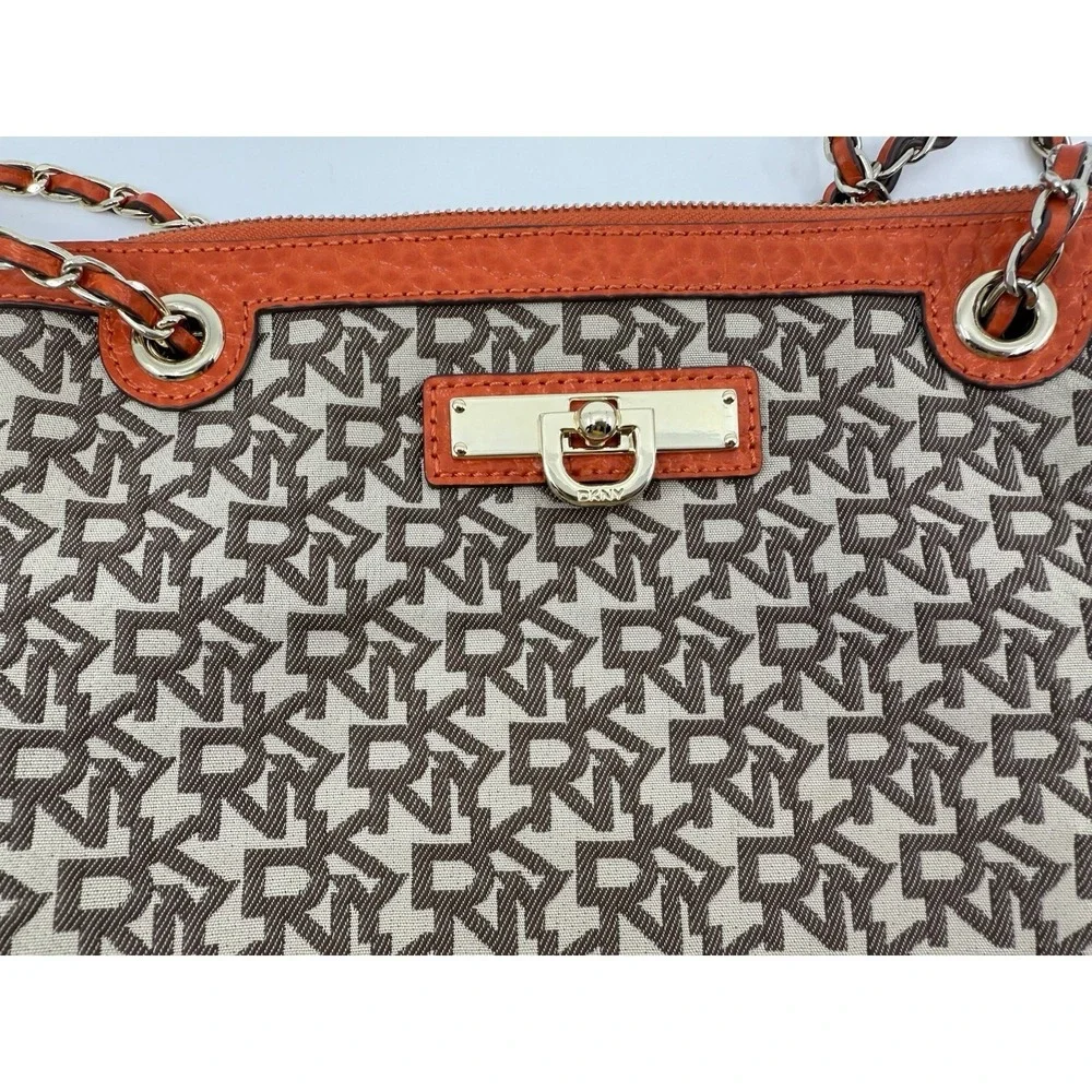 DKNY Shoulder Bag Purse Brown Canvas Orange Leather Gold Chain